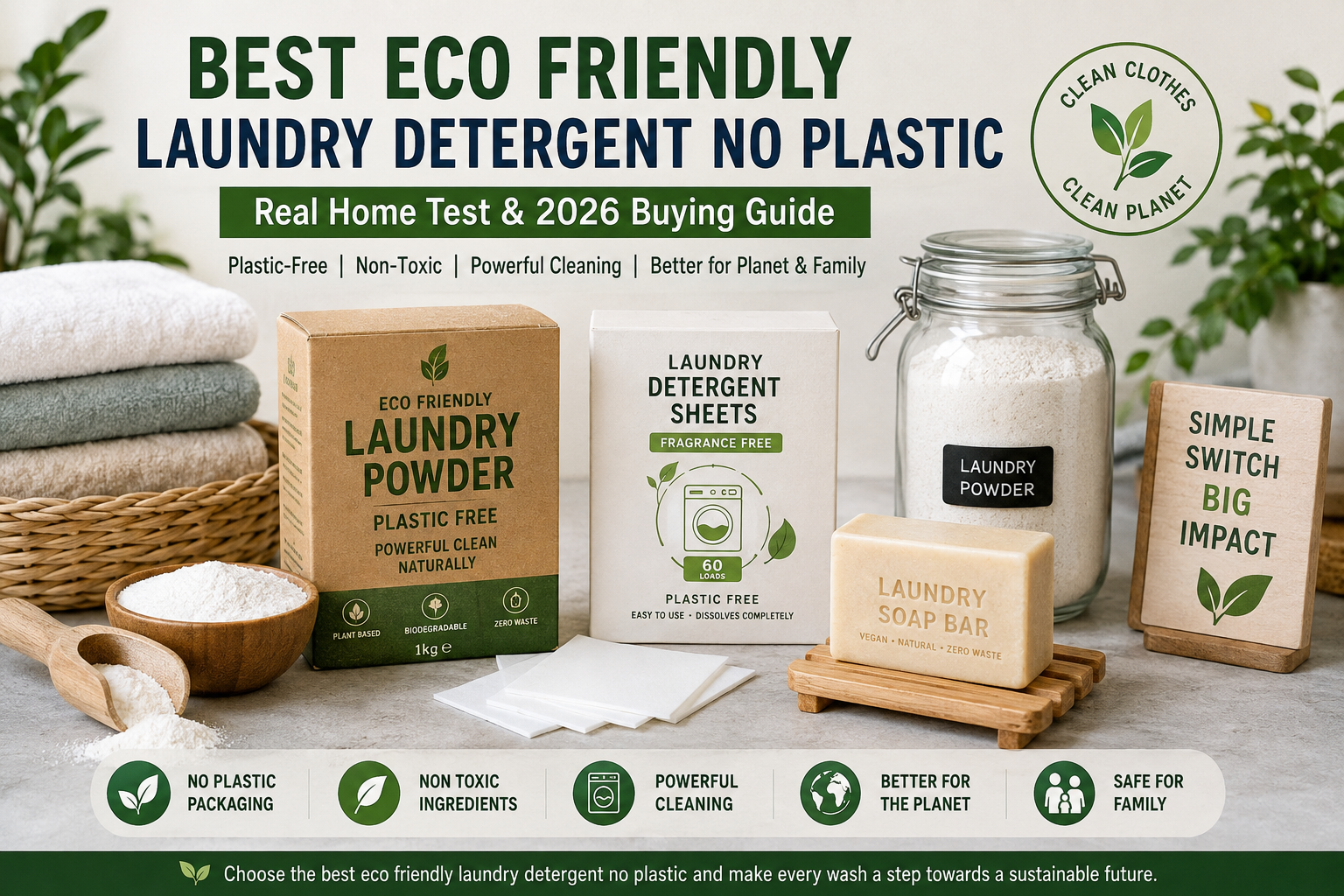 Best eco friendly laundry detergent no plastic with cardboard powder box, detergent sheets, soap bar, reusable glass jar, and towels in a sustainable laundry room setup