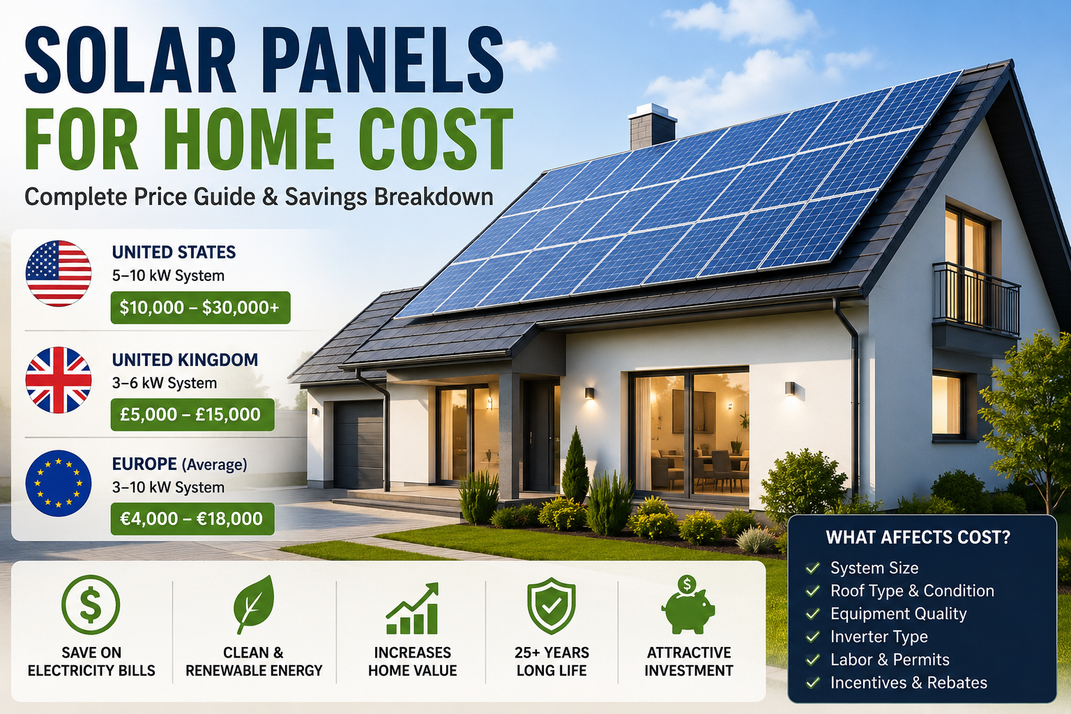 Solar panels for home cost comparison infographic showing rooftop solar installation prices in the USA, UK, and Europe for 2026.