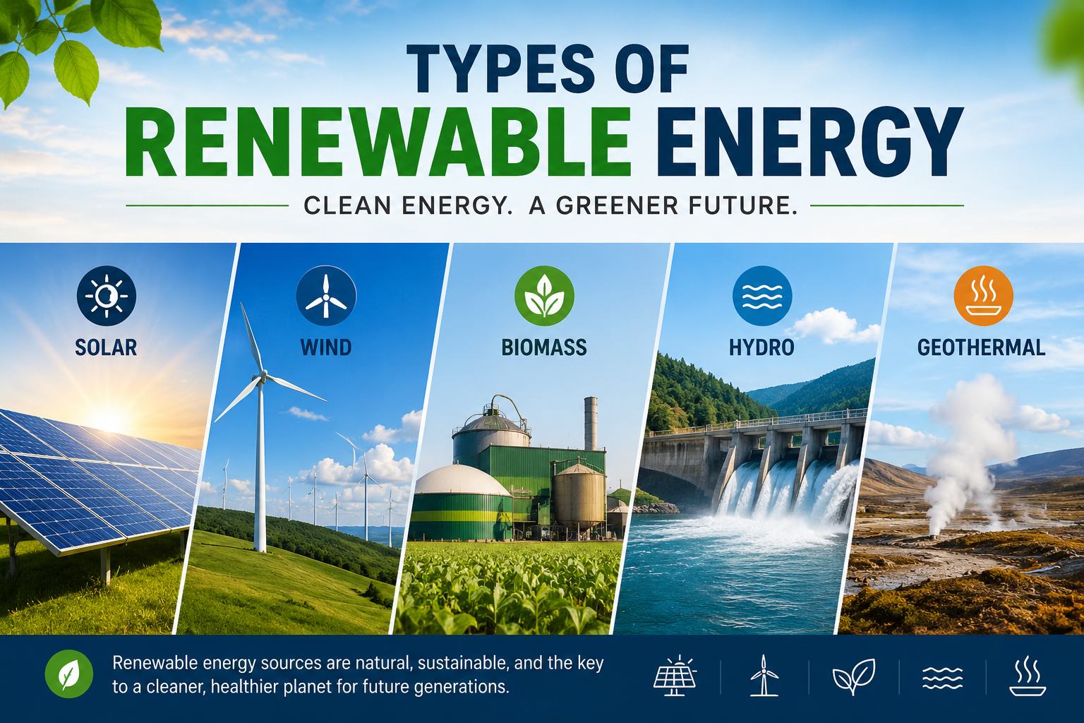 Types of renewable energy including solar, wind, hydropower, geothermal, biomass, and tidal energy