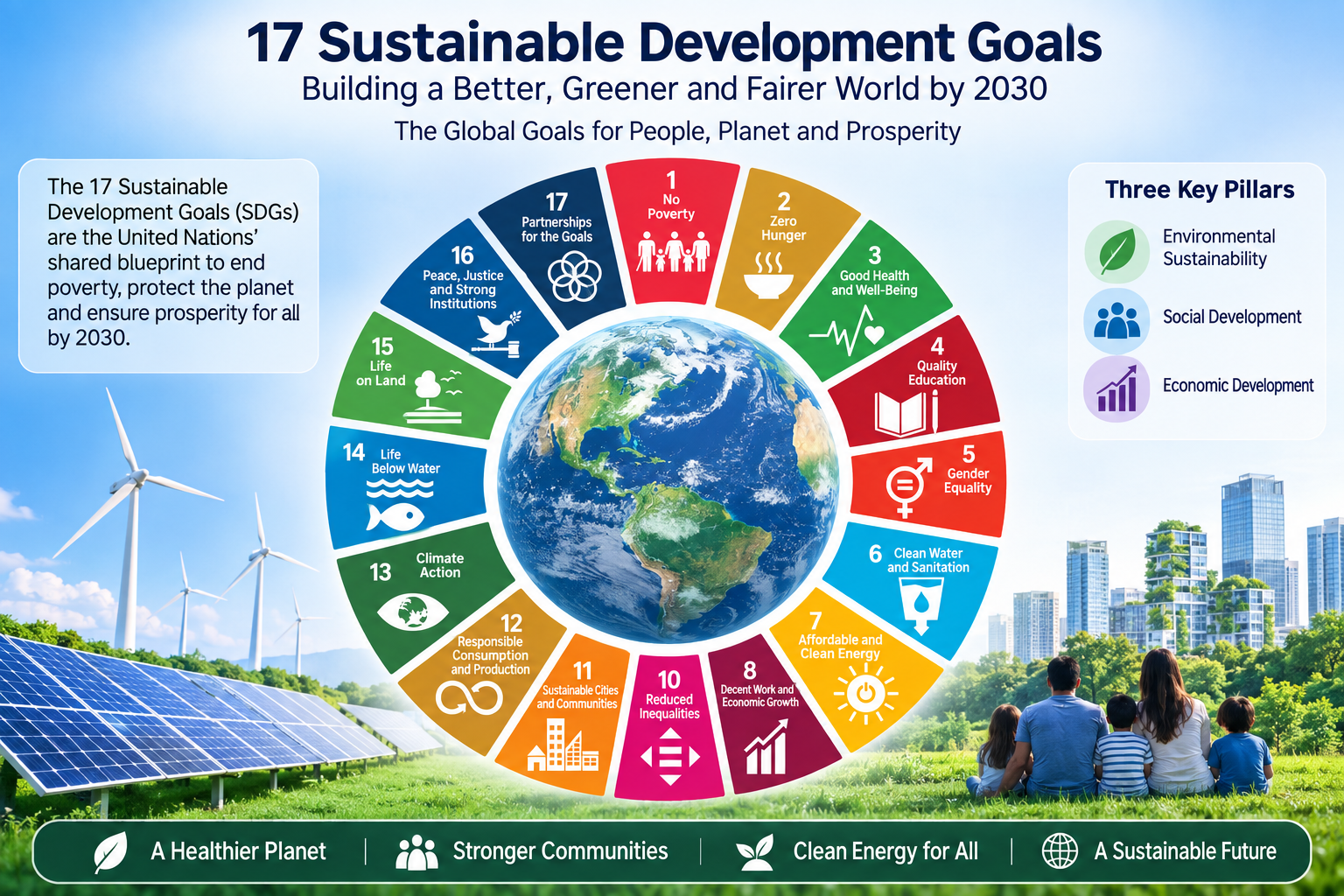17 sustainable development goals infographic showing all UN SDGs around a globe with renewable energy, sustainable cities, and climate action.