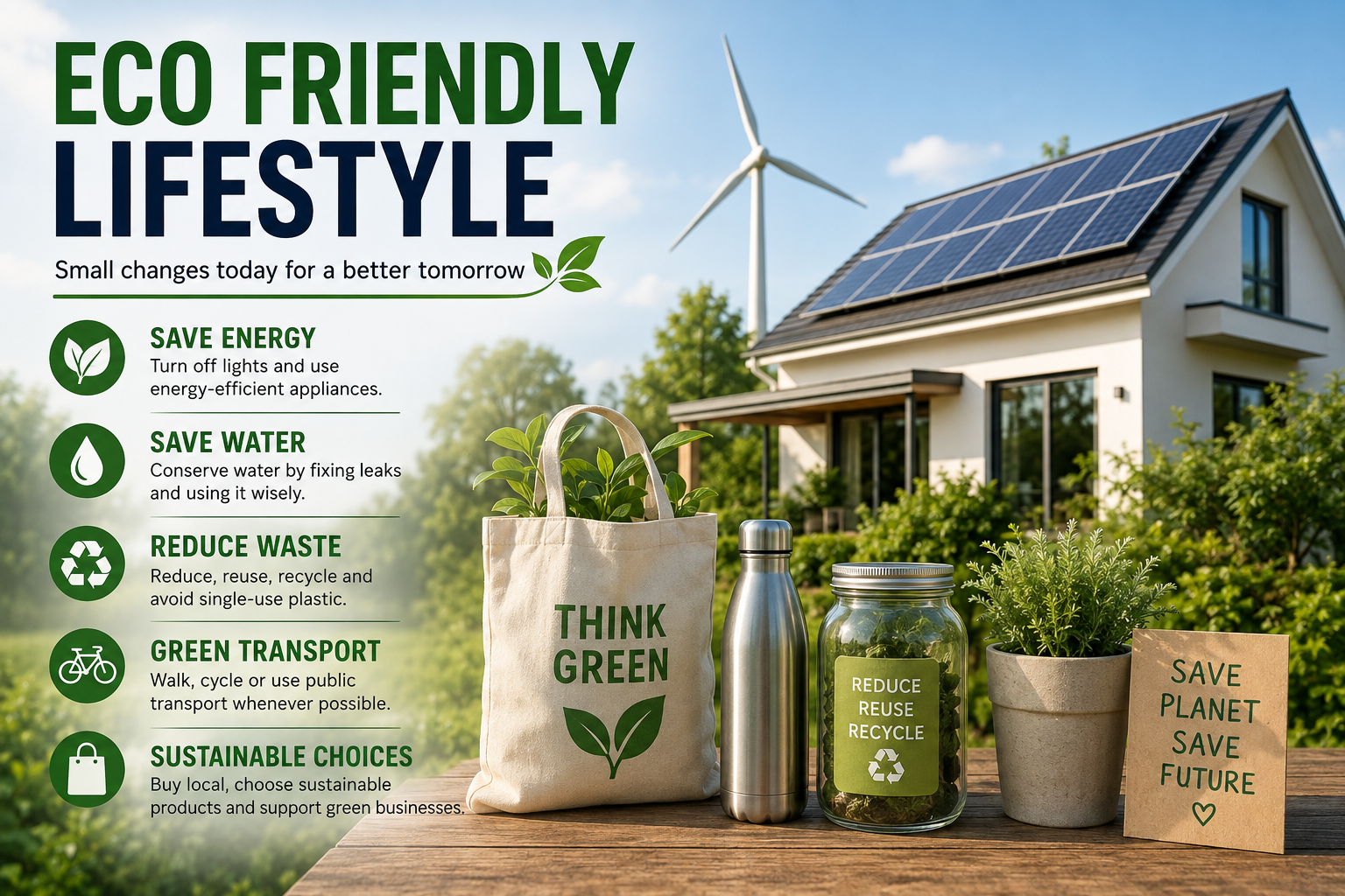 Eco friendly lifestyle infographic with solar home, wind turbine, reusable bag, water bottle, recycling jar, and energy-saving tips