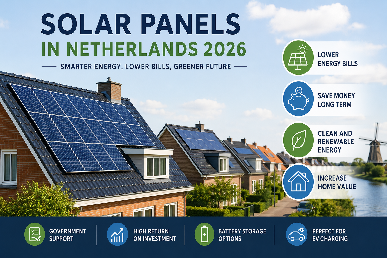 Solar Panels in Netherlands 2026 on modern Dutch homes with rooftop solar systems and blue sky