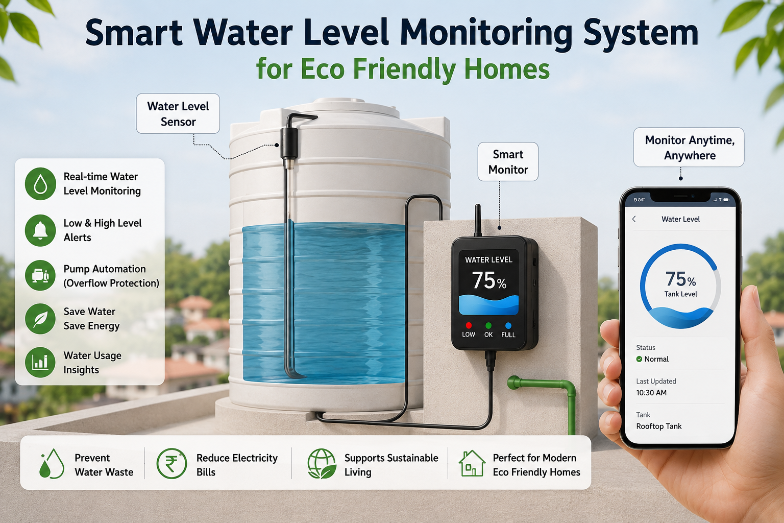 Smart Water Level Monitoring Systems for Eco Friendly Homes showing a rooftop water tank, water level monitor, and phone water-level display.
