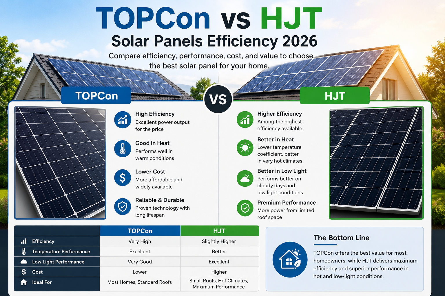 TOPCon vs HJT Solar Panels Efficiency 2026 comparison infographic showing efficiency, cost, heat performance, and low-light performance for home solar systems.
