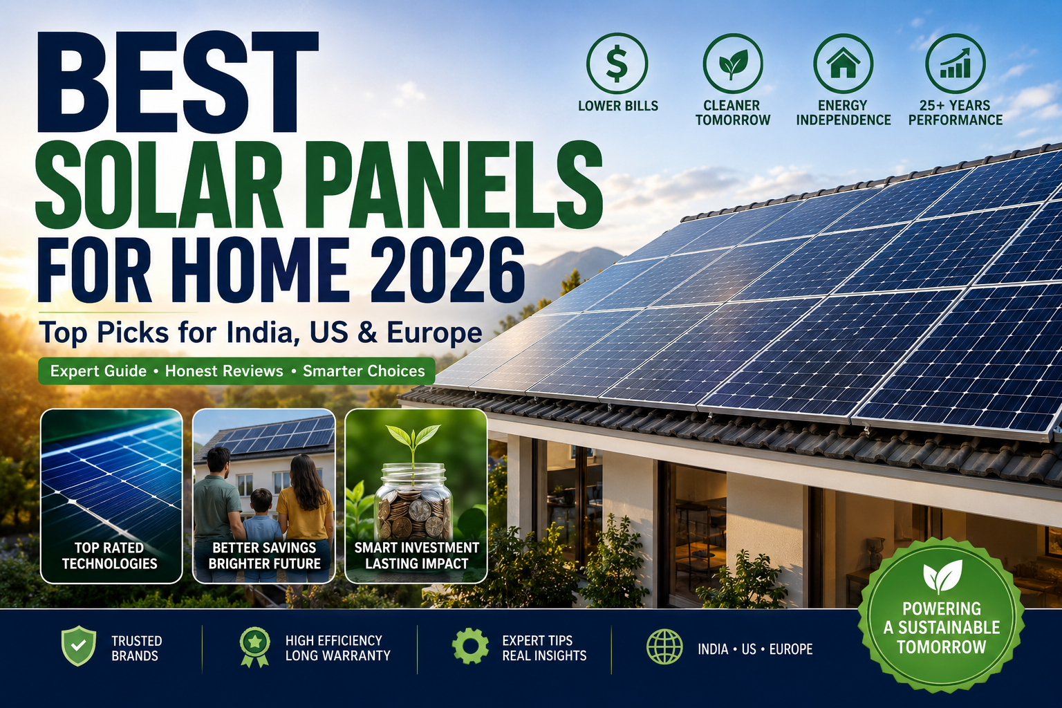 Best solar panels for home 2026 rooftop solar installation with TOPC on panels on a modern house in India US and Europe
