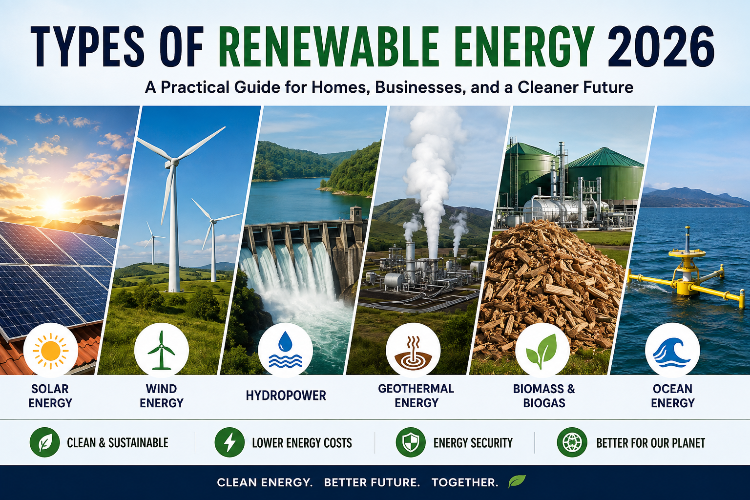 Types of renewable energy 2026 solar wind hydropower geothermal biomass and ocean energy infographic