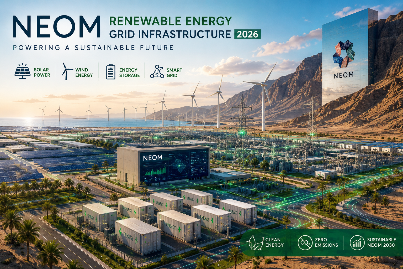 NEOM renewable energy grid infrastructure 2026 in Saudi Arabia