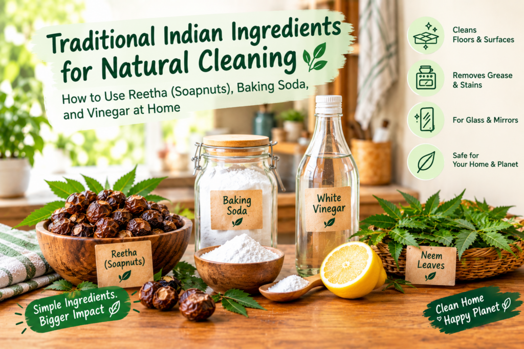 Traditional Indian natural cleaning ingredients including reetha soapnuts, baking soda, vinegar and neem leaves
