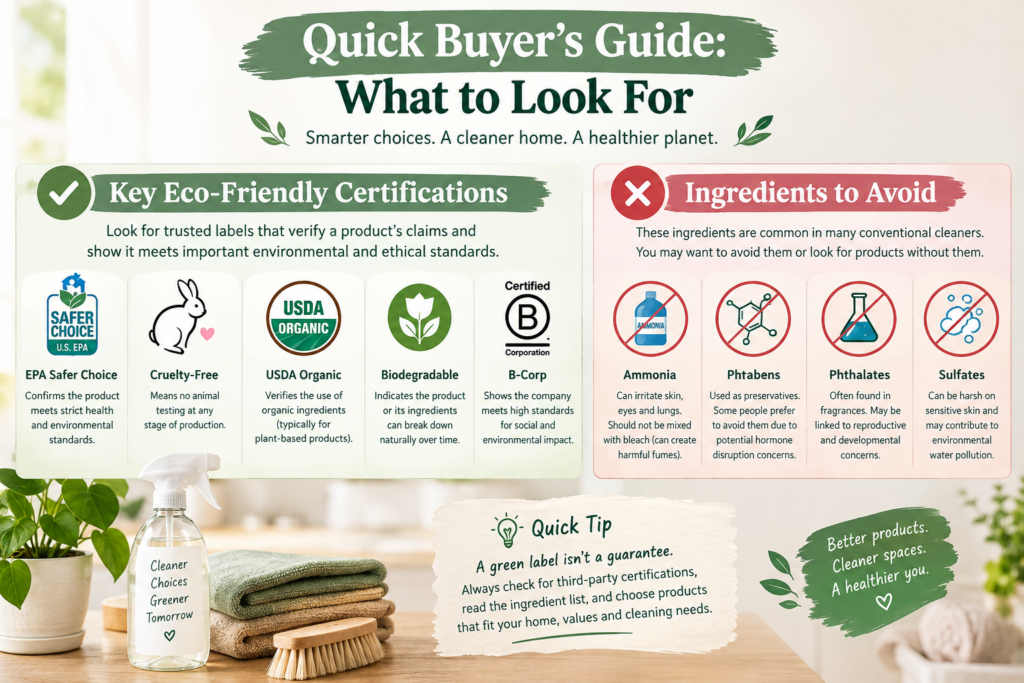 Quick buyer’s guide to eco-friendly cleaning products, certifications, and ingredients to avoid