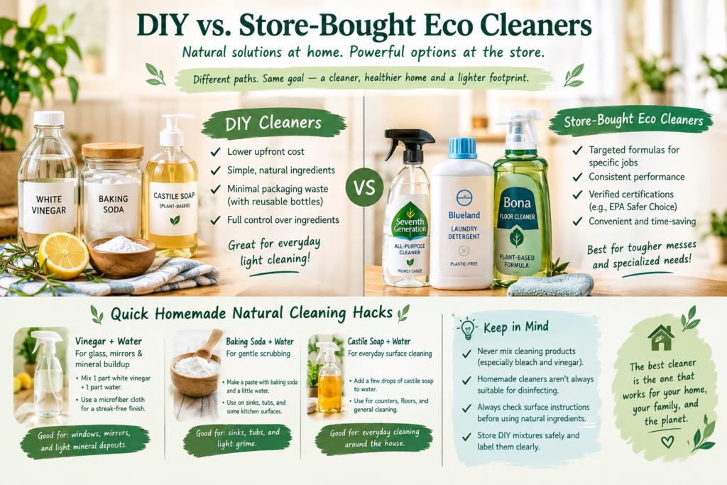 DIY vs store-bought eco cleaners using vinegar, baking soda, and Castile soap